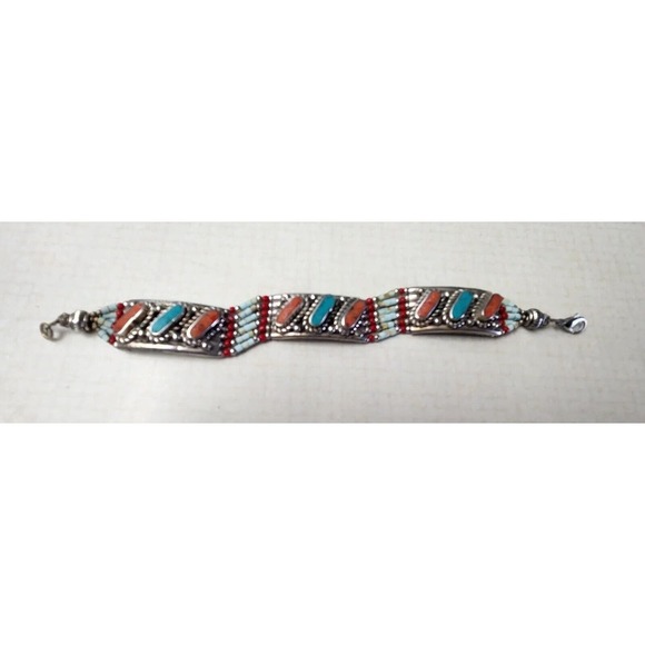 Sterling Silver .925 Coral, Turquoise Bracelet Balinese Made (defect) - Picture 2 of 7